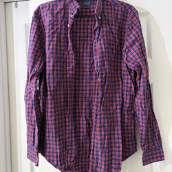 Zara Men's Navy and Red Plaid Button-Down Shirt