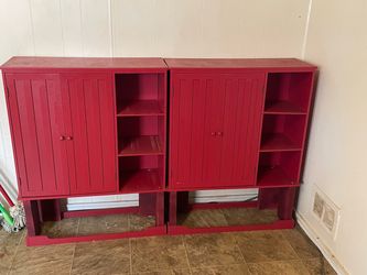 Pair of Red Storage Cabinets with Shelves