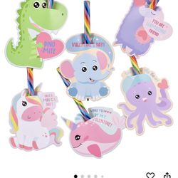 Valentines Day Cards for Kids, 24 Pack Valentines Cards Dinosaur Unicorn with Rainbow Pencils for Classroom Exchange Prizes for Girls Boys Valentine's