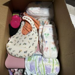 Mystery Baby Box – size 4 luvs and Size 5 Diapers, 12-Month Clothes, unopened Gripe Water & More!