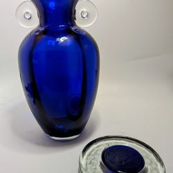 Tarnowiec Poland Cobalt Blue Handblown Vase Glass Art Scroll Handles Bonus Item