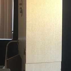 Vintage MCM Beige Laminate Wardrobe Cabinet with Brass Hardware”