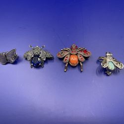 Vintage Insect Brooch Set Butterfly Bee Marcasite Rhinestone Enamel Lot 4 Pieces