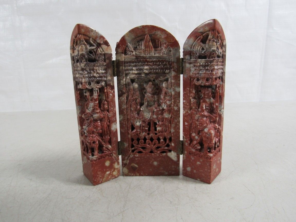 Buddhist Triptych Hand Carved Marble Folding Spiritual Portable Shrine