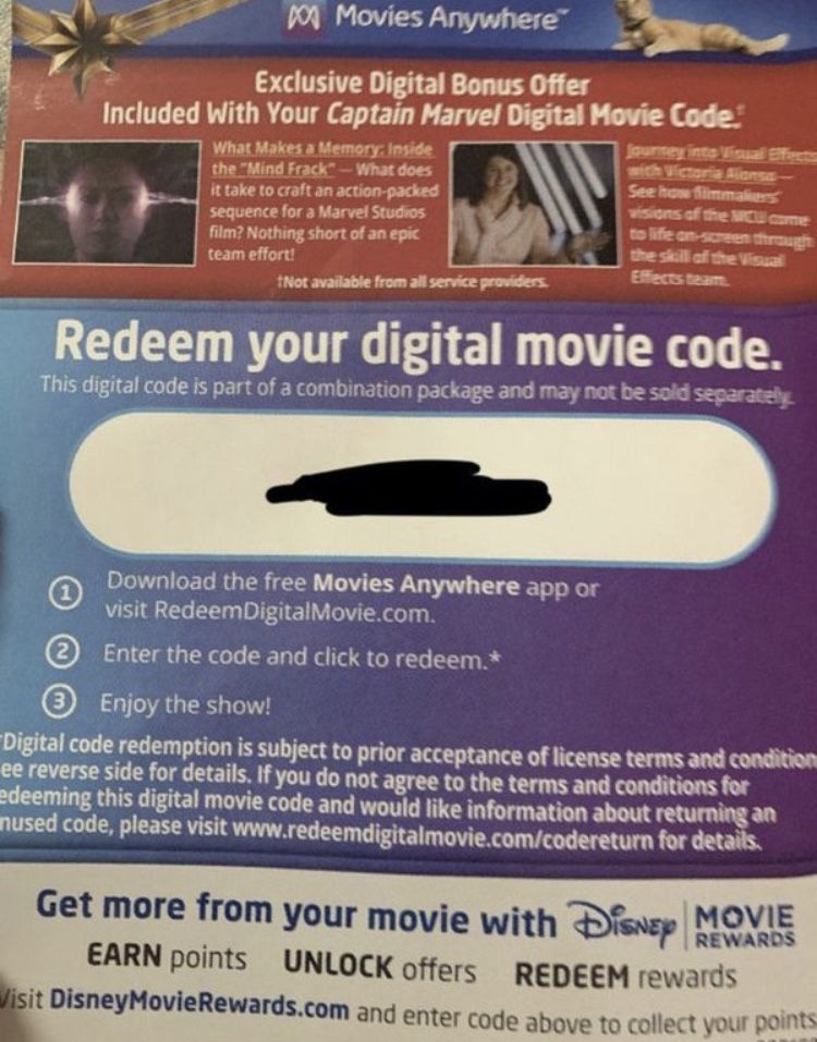 Disney Marvel Captain Marvel Digital Movie Code. You pay via Offer Up, PayPal or Zelle & I will send you the picture with the code. 100% Authentic