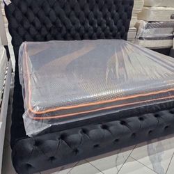 NEW IN BOX- King & Queen  Size Black Platform Tufted Velvet Bed Frame