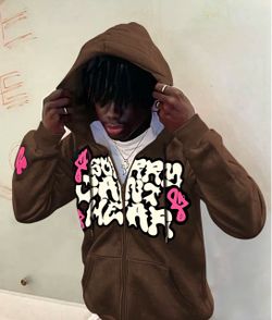 Y2K Oversized Harajuku Letter Foaming Print Full Zipper Brown Hooded Sweatshirt