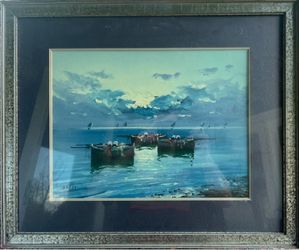 Large Vintage Original Oil Painting Signed Bardi – Coastal Harbor Seascape Framed