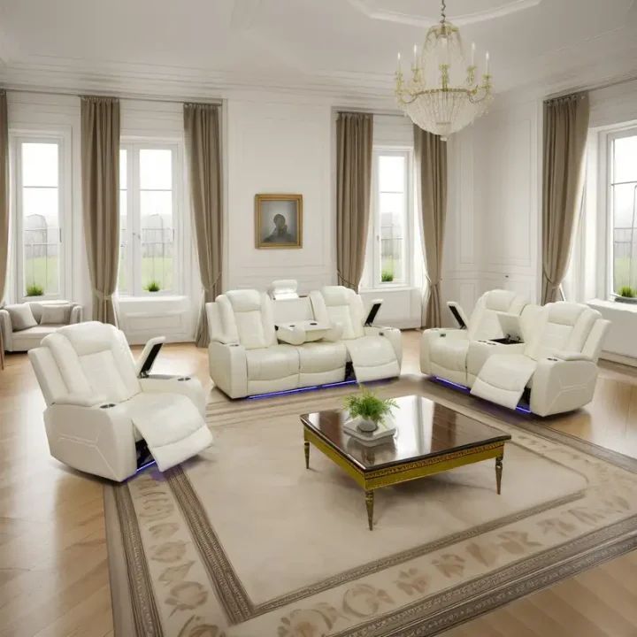 WINTER SALE 3 PIECE WHITE LEATHER RECLINING SOFE SET