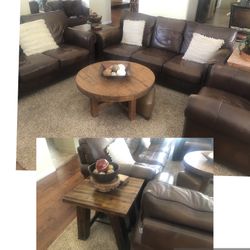 3 Piece Leather Sofa, Love Seat, Chair Set with Brown Wood End Table.