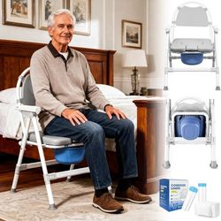 4 in 1 Folding Bedside Commode Chair for - Adjustable Height Adults Potty Chair with Arms, Back & 30 PCS Cleaning Bag for Seniors, Pregnant Women & Po