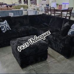 ✅️✅️ 4pc Black  corduroy fabric upholstered sectional sofa with ottoman ✅️✅️