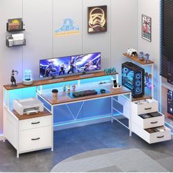 White & Brown Reversible Gaming Desk with LED Lights