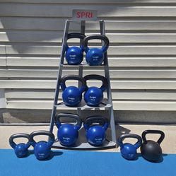 Brand new Yes4all Kettlebells with stand. Includes one each of 8lbs, 10lbs, 15lbs, 20lbs, 25lbs, 30lbs, 35lbs, 40lbs,  45lbs, and  50lbs. 