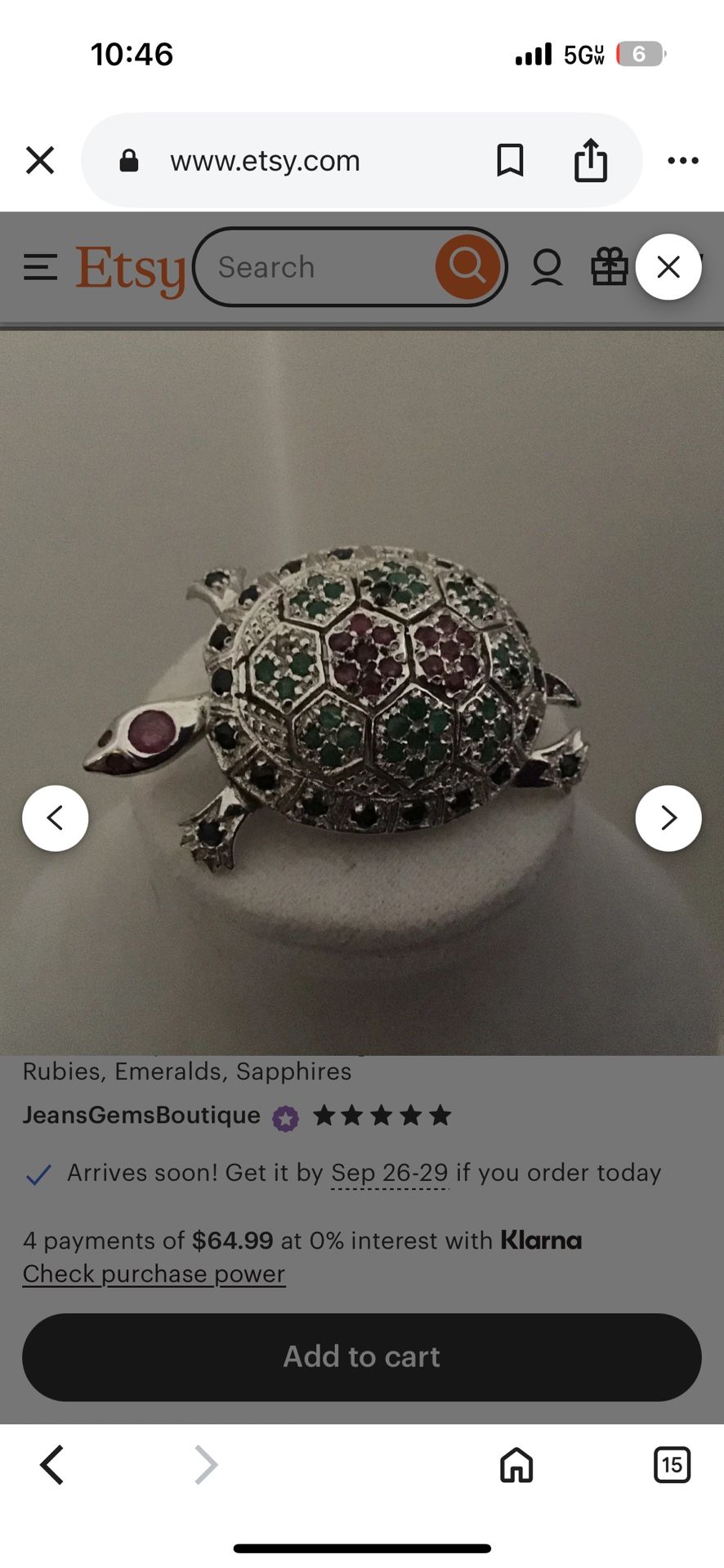Sterling Silver Vintage Turtle Brooch With Rubies And Emeralds