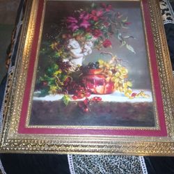 Di Giacomo Signed Gold Gilded Framed Cherub With Florals -Grapes-Angel Art Painting 