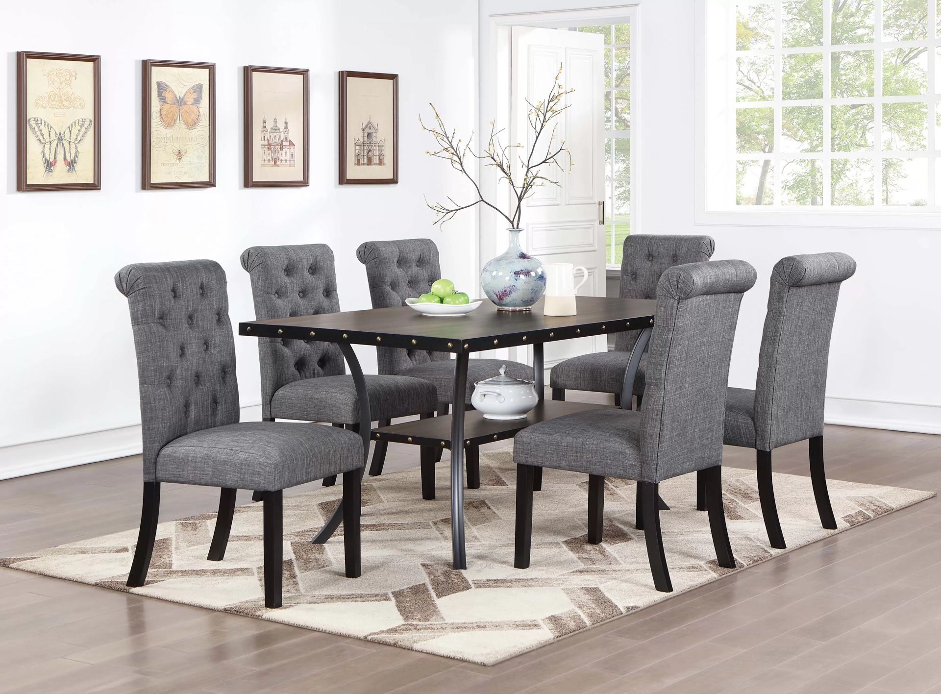 7pc Dining Table Set - Table + 6 Grey Dining Chairs