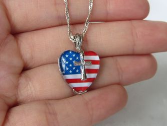 American Flag Cross Heart Pendant Necklaces Patriotic Jewelry Religious