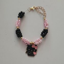 Black & Pink Beaded Kitty Bracelet 