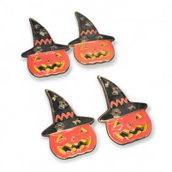 Tahari Pumpkin Witch Hat Halloween Orange And Black Napkin Rings Set