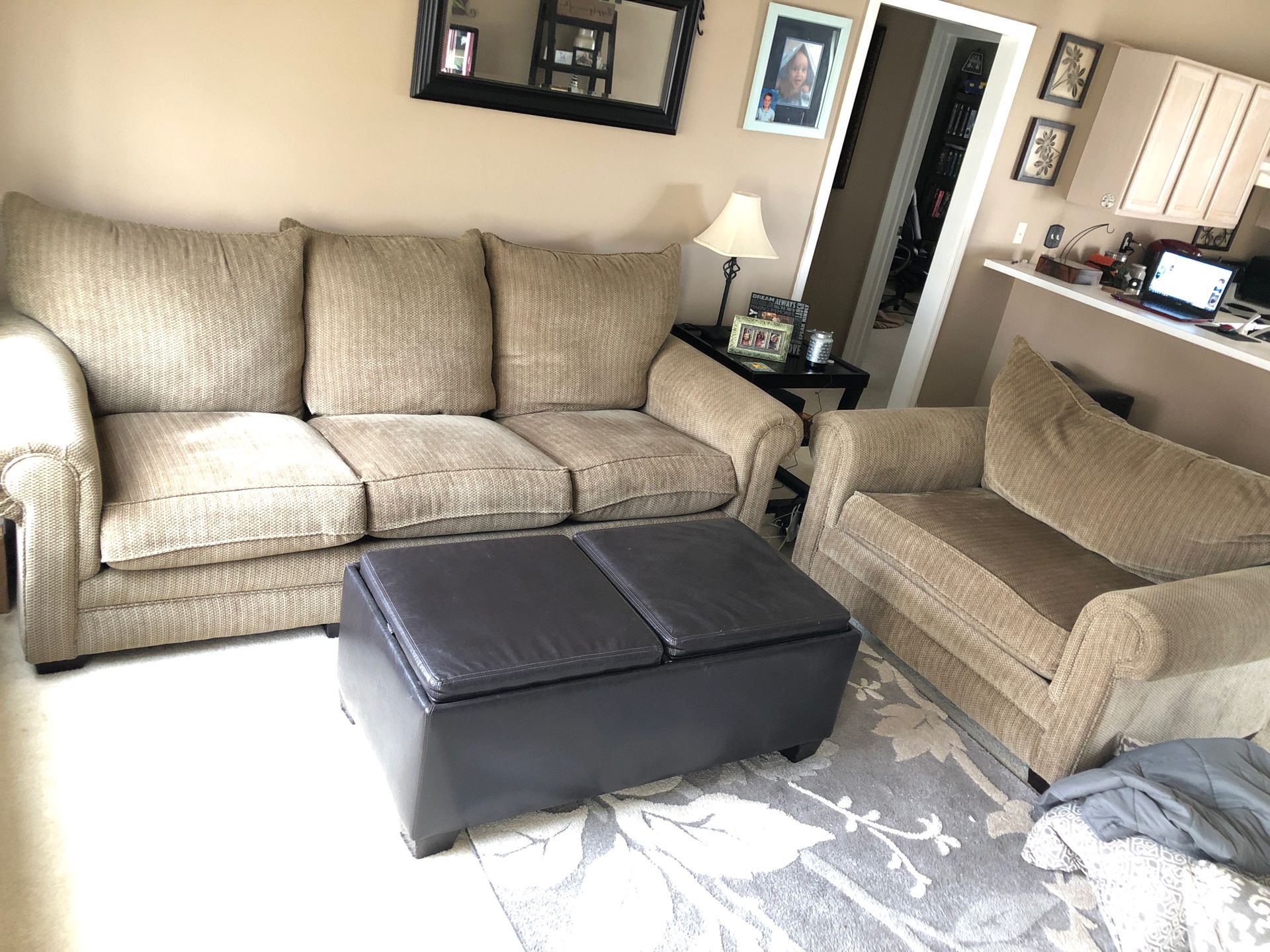 Couch, oversized chair, leather storage coffee table