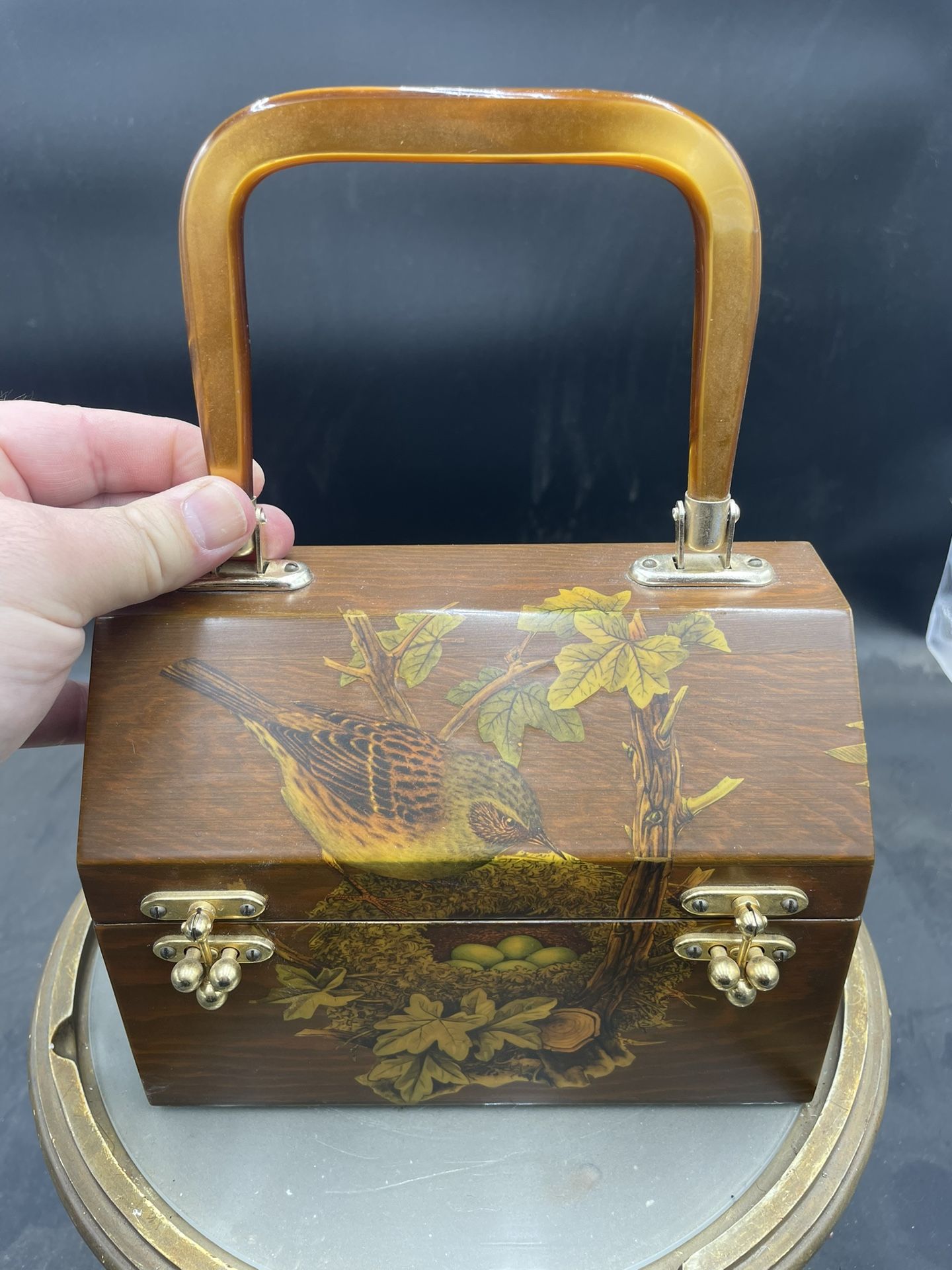 Vintage Wooden Box Purse With Bird Motif & Lucite Handle