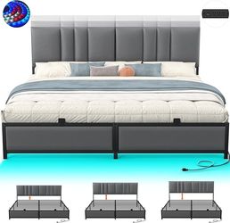King Size Bed Frame with 3 Height Adjustable Headboard, Upholstered Leather Platform Bed with LED