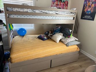 Gray Wood Twin over Full Bunk Bed with Drawers