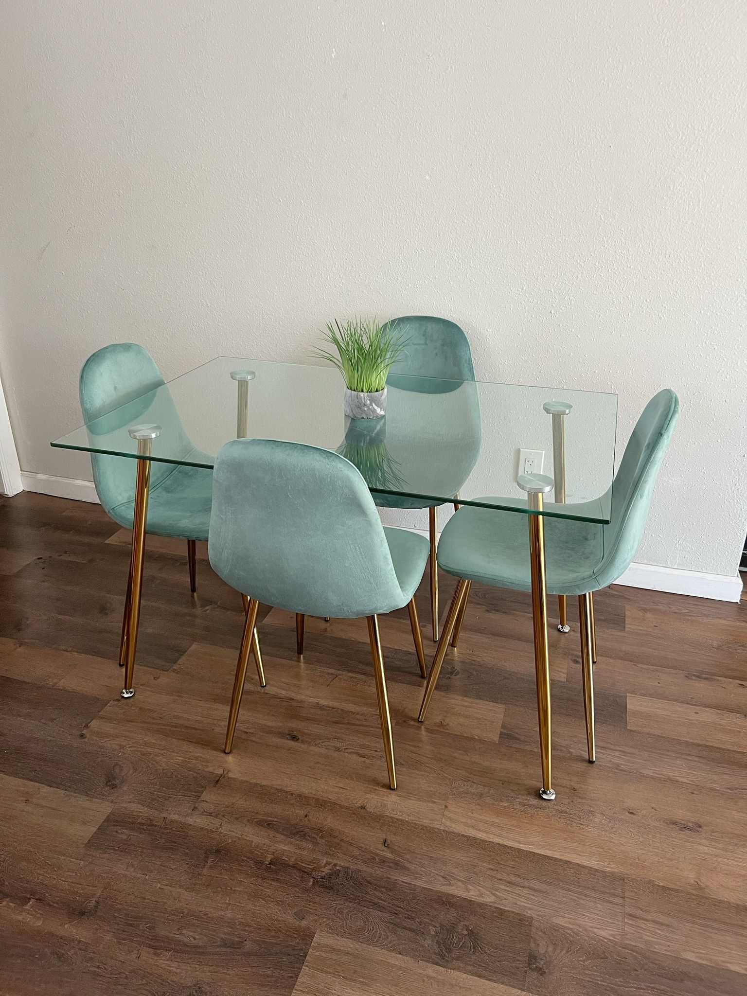 Blue Gold Modern Velvet Gold Glass Dining Set