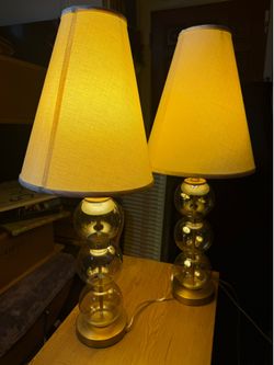 Pair of Modern Stacked Clear Glass Orb Table Lamps with Brass Gold Base