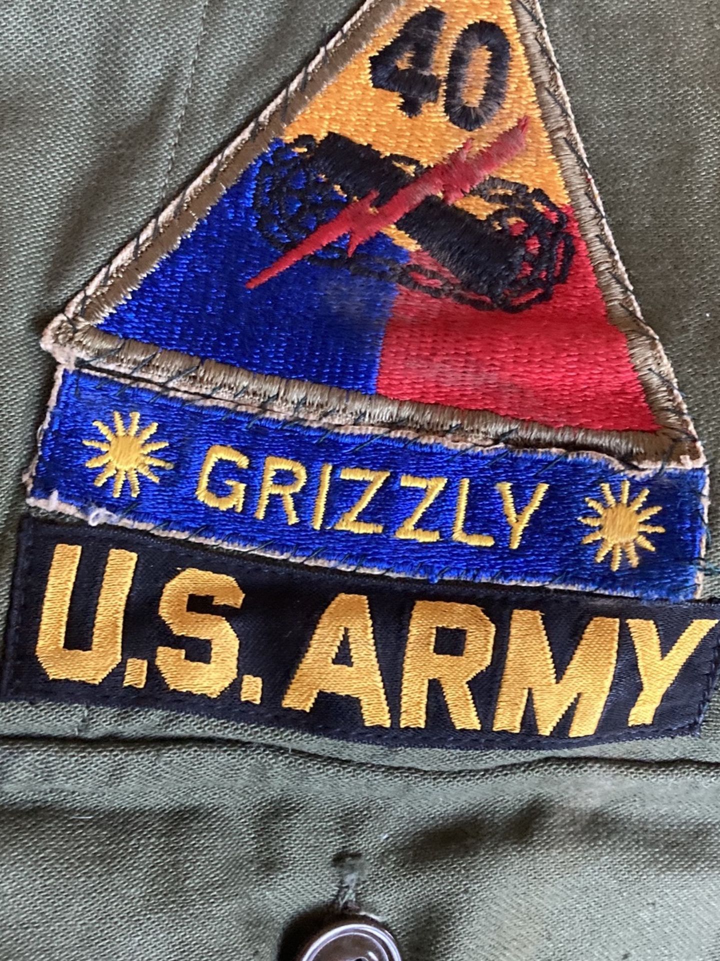 Vintage antique military fatigues jacket Armor unit OD107 patches 1950s