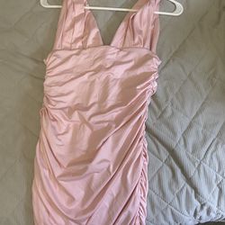 Ruched Pink Dress With V Line Straps