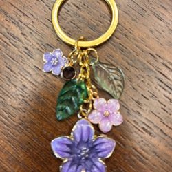 Handmade Floral Keychain, Gold Tone, And Purple With Green Leaves