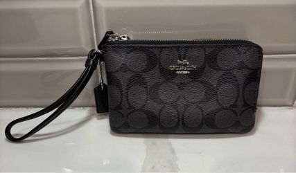 Coach men’s women’s signature black smoke charcoal coated canvas double zip wristlet wallet