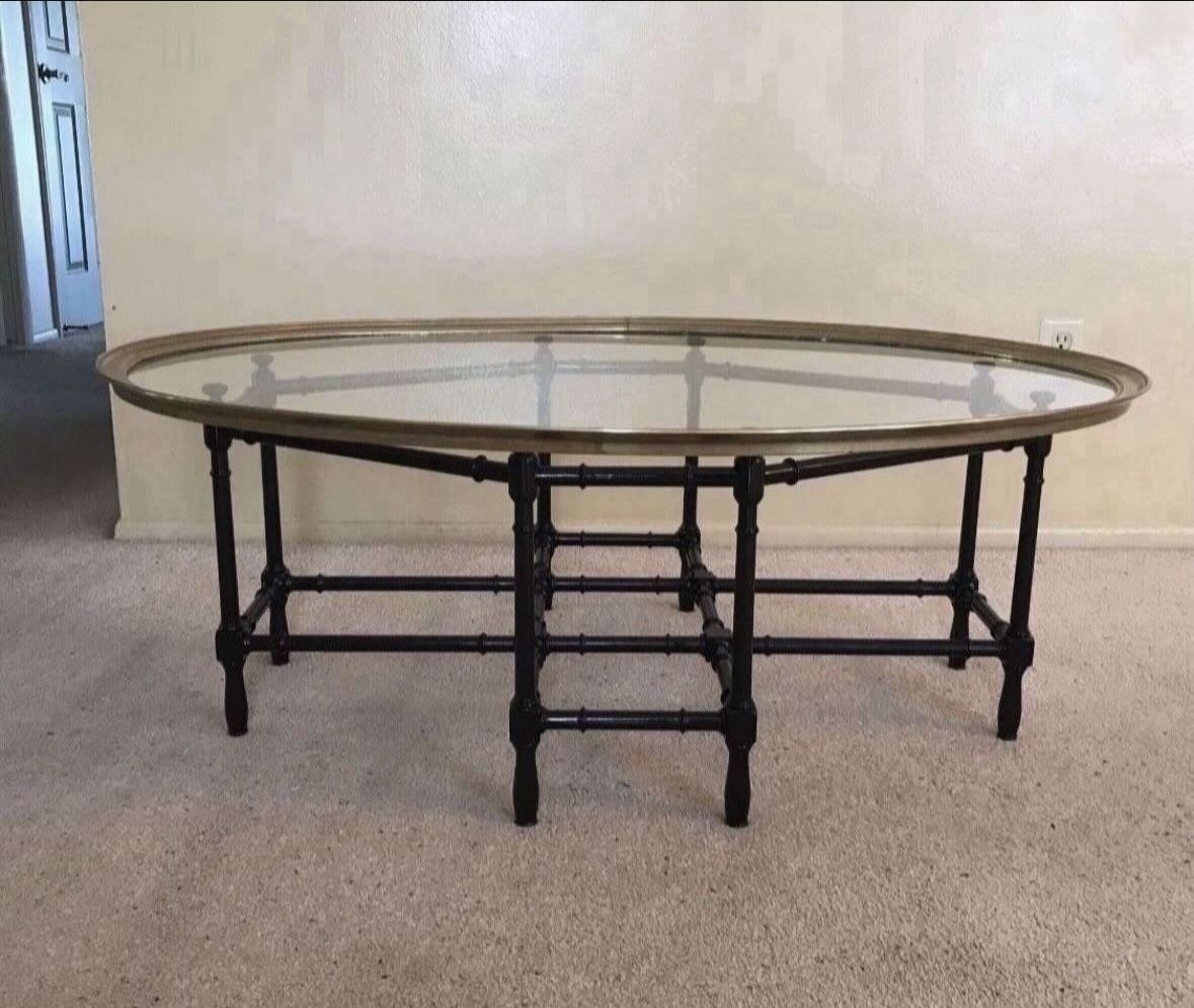 Vintage Antique Large Baker Mastercraft Hollywood Regency Faux Bamboo Brass Glass Oval Cocktail Coffee Table
