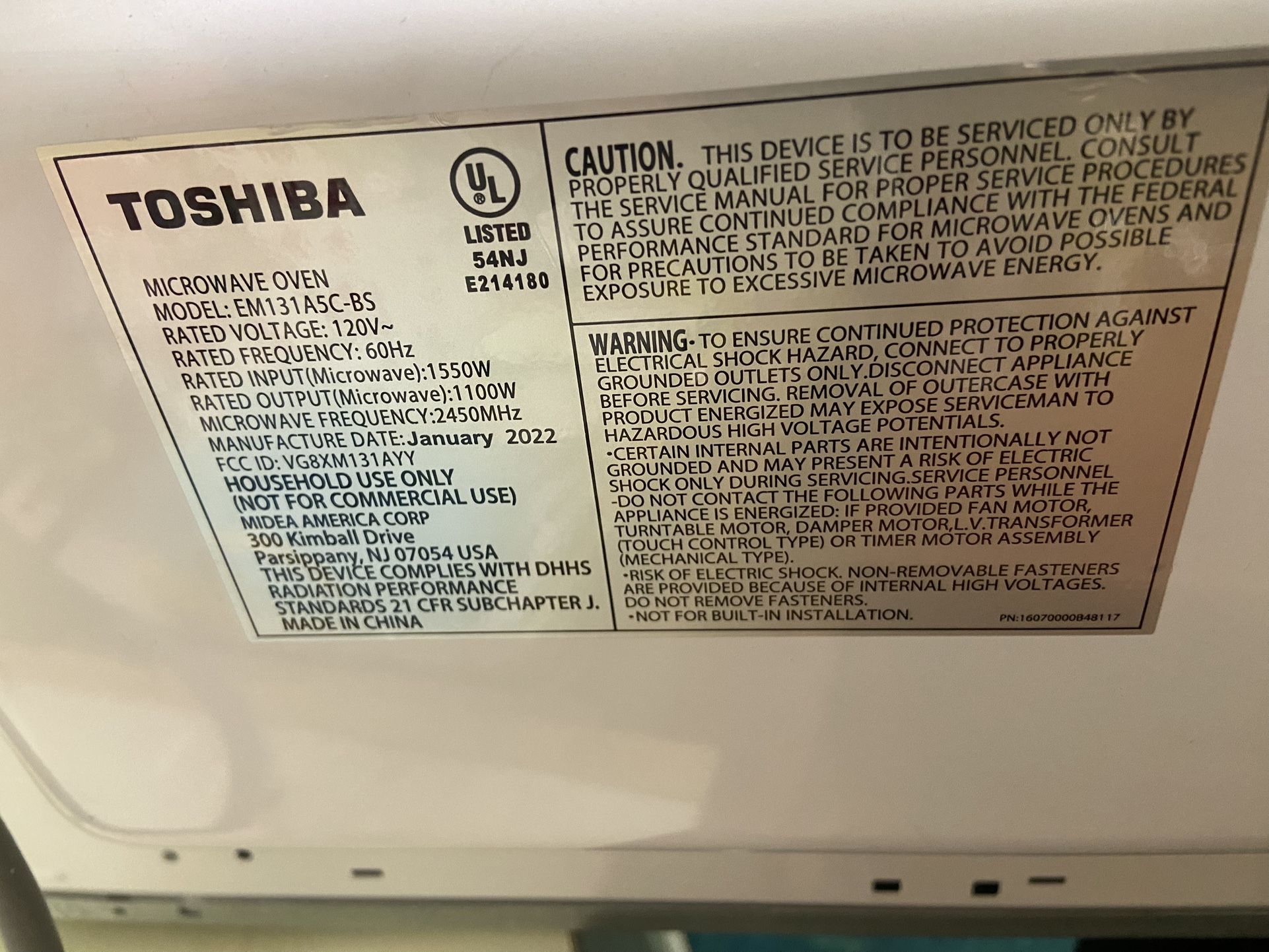 Toshiba 1.2 Cu Ft 1000w Microwave