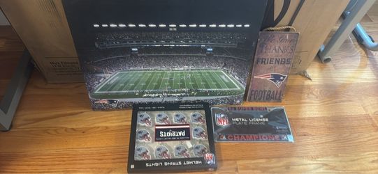 New England Patriots Fan Bundle – Stadium Canvas, NFL Lights, License Plate Frame + Sign
