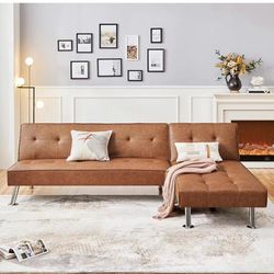 Convertible Sectional Sofa Couch L-Shaped Couch Faux Leather Sofa Bed Sleeper for Living Room Small Space Brown