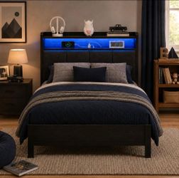 Twin Bed Frame with LED Lights and Charging Station, Upholstered Storage Headboard, Metal Platform Twin Bed Frames with Metal Slats, No Box Spring Nee