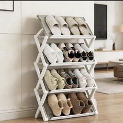 4-Tier Shoe Rack Organizer, Stackable Shoe Storage Shelf, No-Assembly Foldable Design, Space-Saving