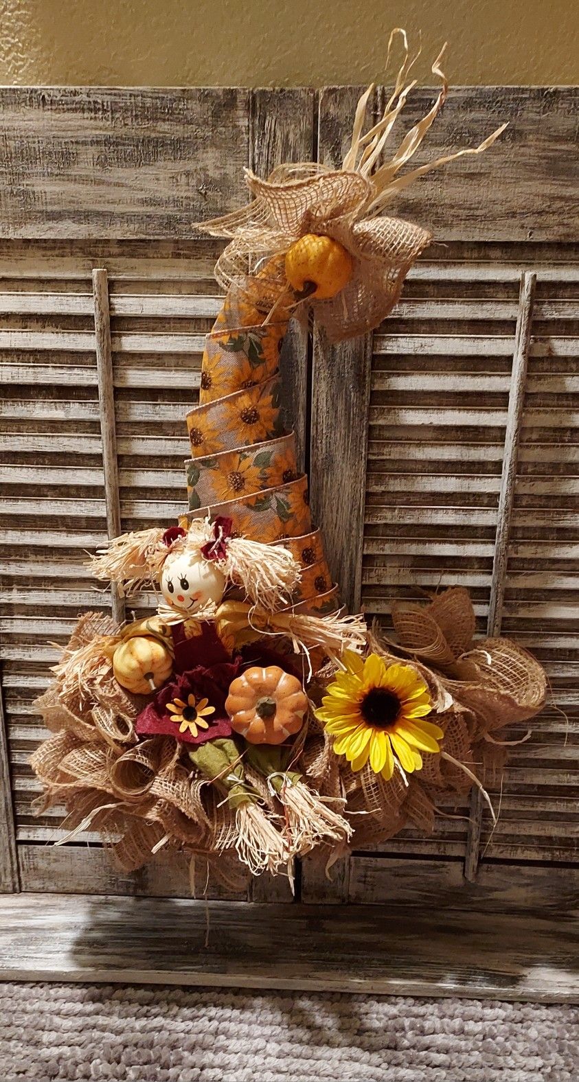 Ht-22in Width-16in HANDMADE Artificial Fall Hat Wreath With Scarecrow