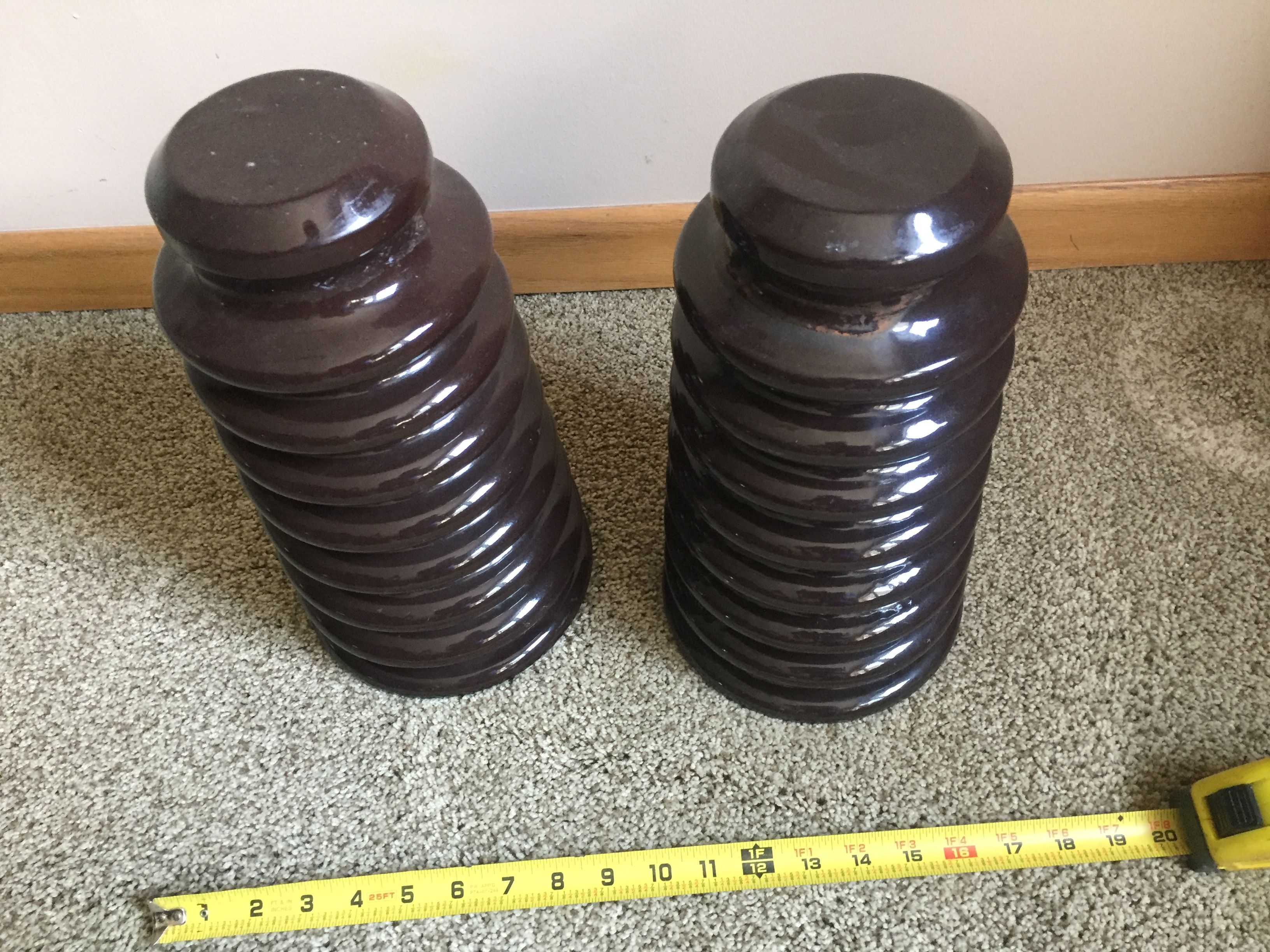 Large ceramic electrical insulators. $30 each. Approximately 13” tall by 6.5” wide