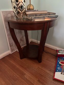 2 oak cherry side tables and accent chair
