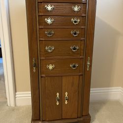 Vintage Hardwood Standing Jewelry Armoire. Walnut. 40”h x 19”w x 15”d