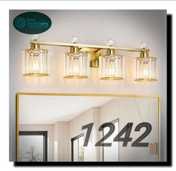 Modern Crystal Bathroom Vanity Light 4-Light Brass Gold LED Wall Fixture – Elegant Sparkle Over Mirror Lighting for Bathroom Upgrade, Glam Hotel Style