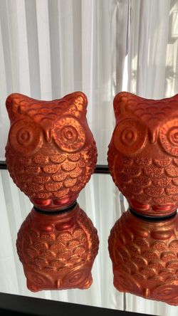 Set of 2 Autumn Copper Glitter Owl Figurines — 7.5” Tall