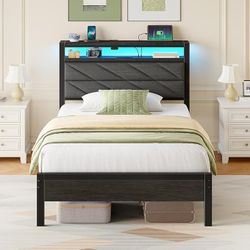 Seventable Twin Bed Frame with Charging Station & LED Lights, Upholstered Headboard with 2-Tier