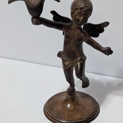 Vintage Cast Iron Cherub Candle Holder – 7” Angel Figurine with Lily Cup – Antique Finish

