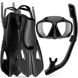 Mask Fin Snorkel Set, Travel Size Snorkeling Gear for Adults with Panoramic View Anti-Fog Mask, Fins, Dry Top Snorkel for Swimming Training, Snorkelin