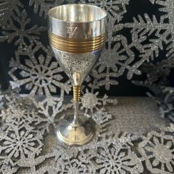 VTG Stainless & Brass Etched Star of David Judaica Kiddush Goblet 2.75X8”w/Case